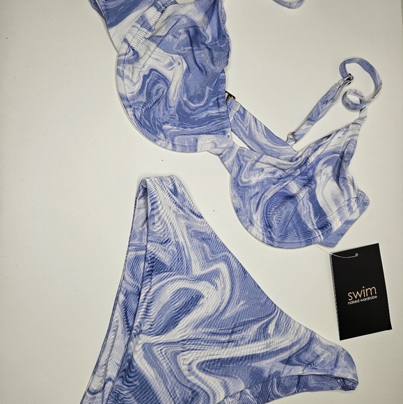 Naked Wardrobe Swim Marbled Smoked Blue 2 pc Wired Bra High Wasted Bottom sz L​ - Picture 3 of 8